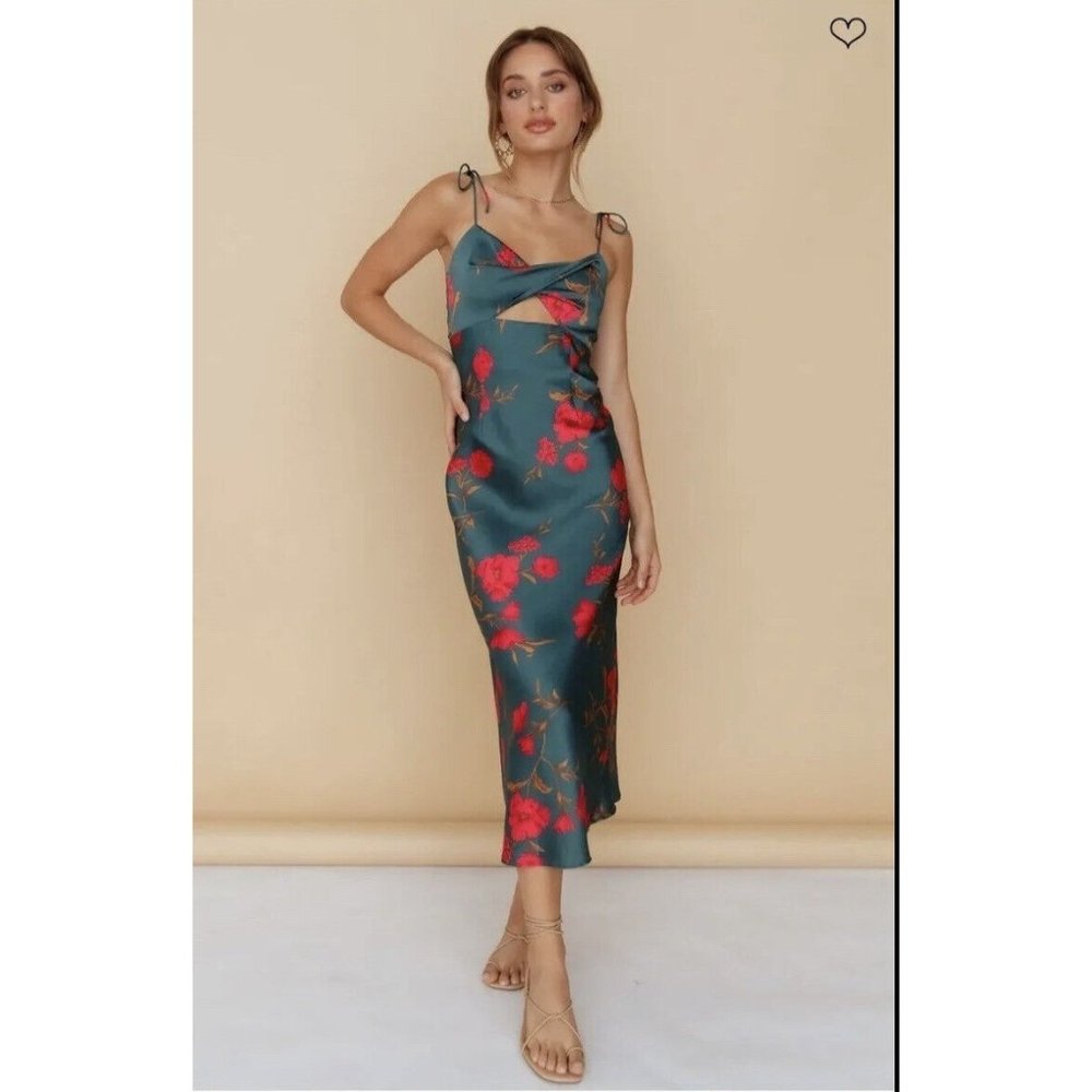 HELLO MOLLY Fool Me Once Midi Floral Dress Green with Red Flowers Size S